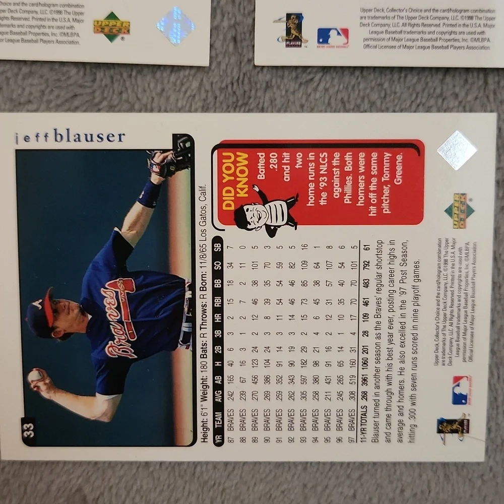 Vintage 1998 Upper Deck Atlanta Braves Baseball Cards